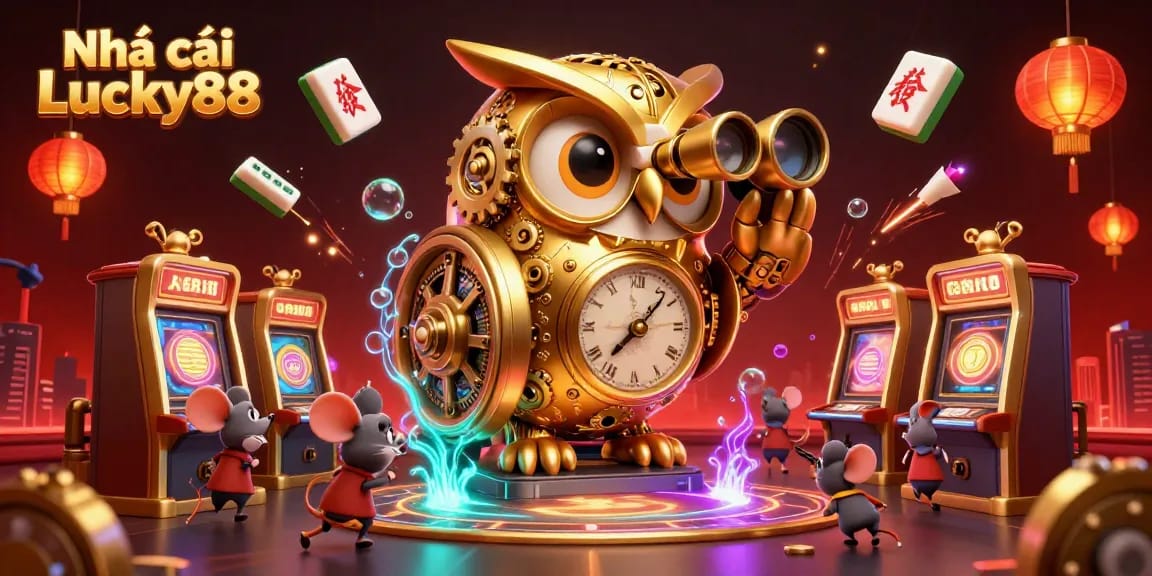 Engage with Nhà cái Lucky88 at a vibrant casino scene featuring a golden owl and lively slot machines.