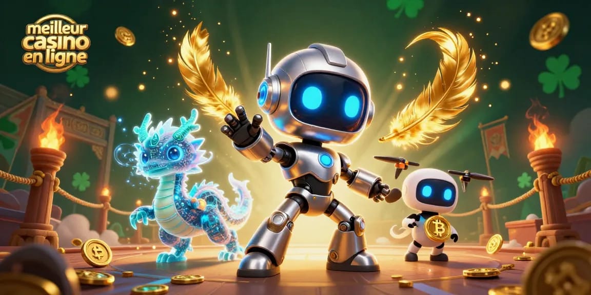 Jeu captivant au meilleur casino en ligne, mettant en scène un robot futuriste et un dragon holographique.