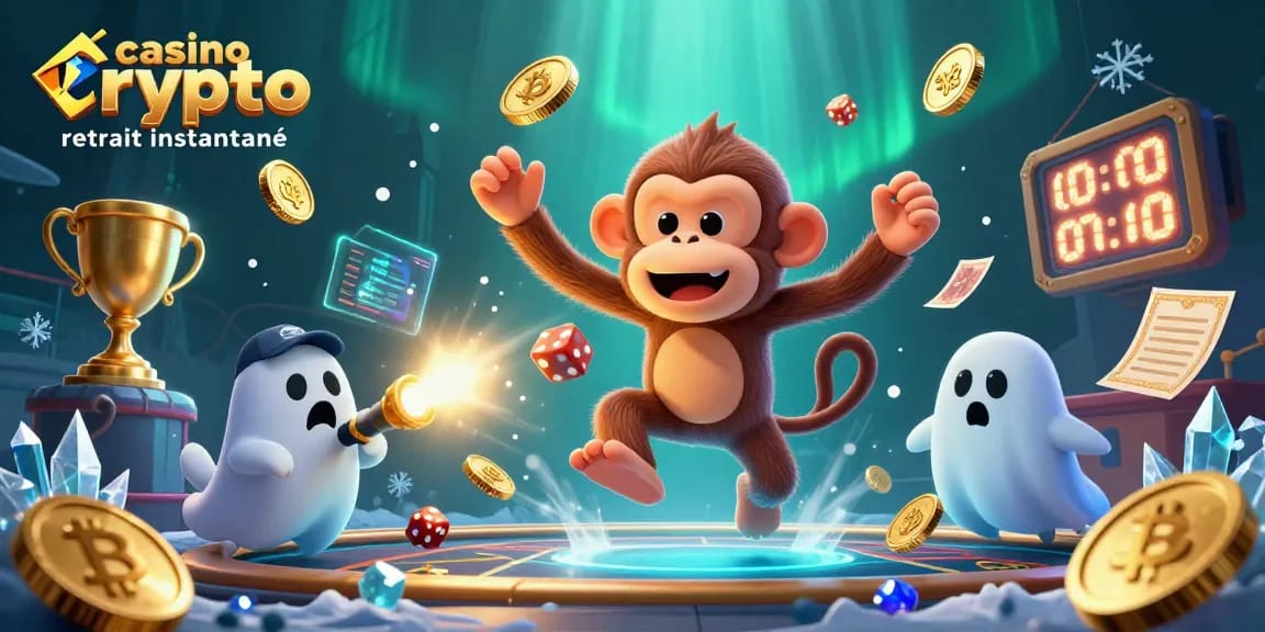 Illustration dynamique de casino crypto retrait instantané avec un singe poltergeist et un chiot chasseur de fantômes.