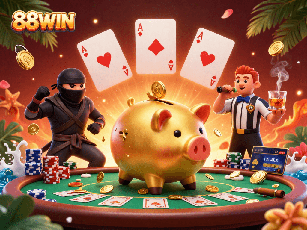 88WIN's vibrant casino scene features a sumo wrestler with gold coins, showcasing a high-stakes poker game.