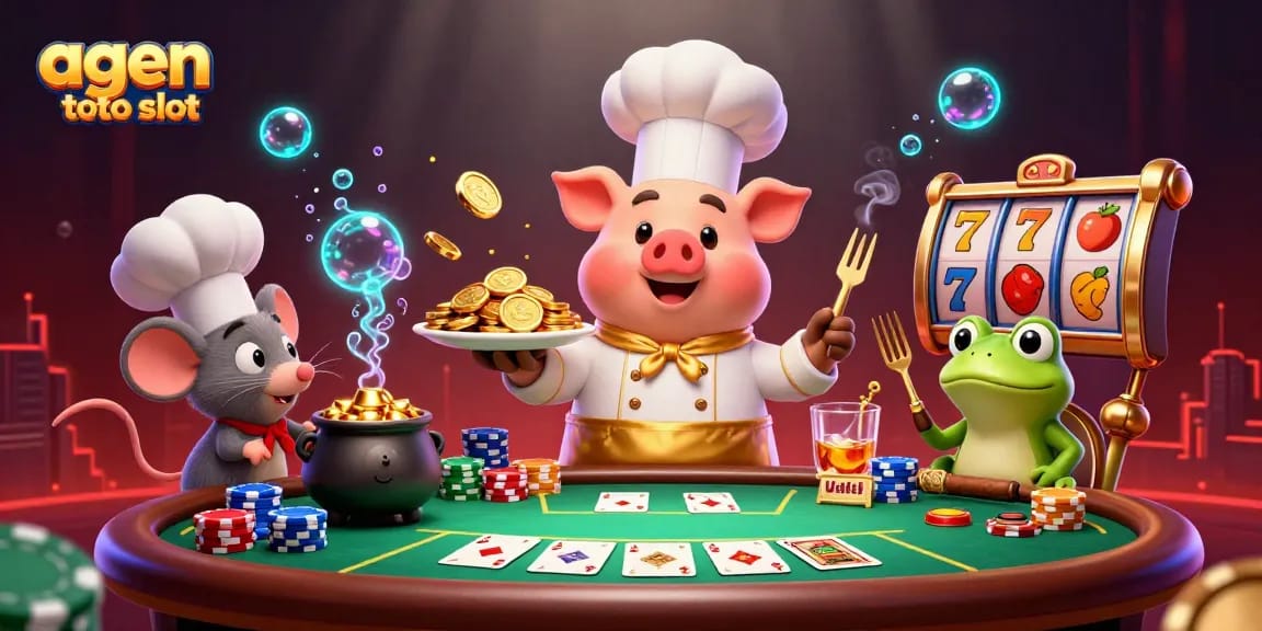 Engage with agen toto slot as a colorful scene portrays a chef pig, mouse, and frog amidst slot reels and poker elements.