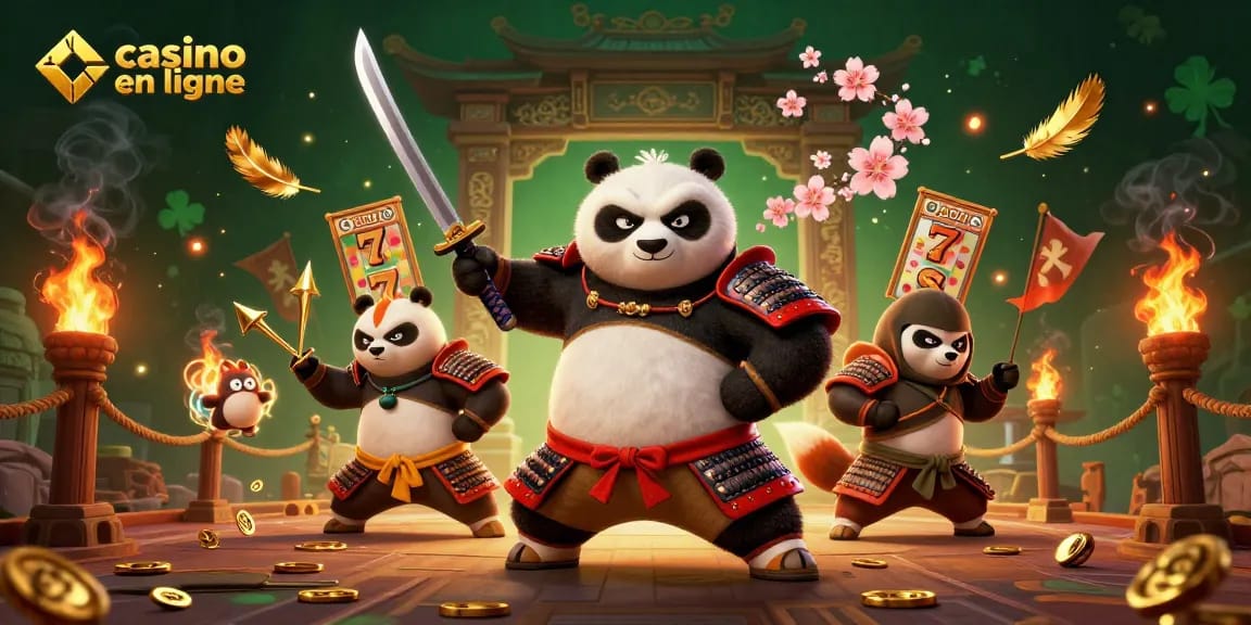 Plongez dans l'univers du casino en ligne avec un samouraï panda et un renard ninja, entourés de rouleaux de machine à sous.