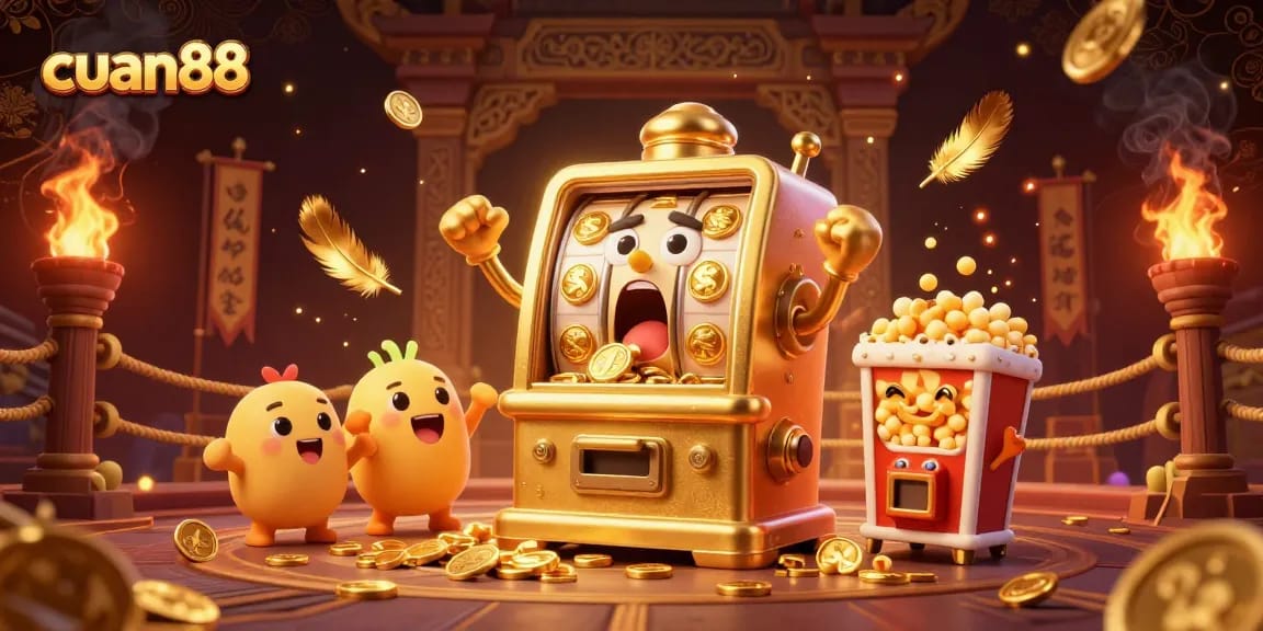 Slot mesin cuan88 meraih jackpot, dikelilingi mesin kecil bersorak dan efek magis penuh koin emas.
