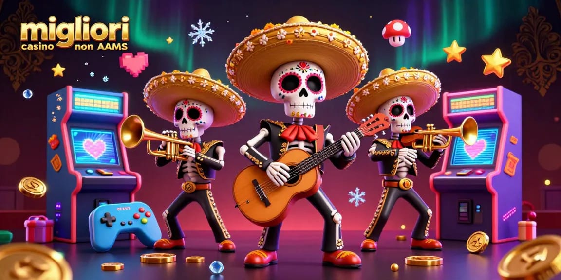 Scopri i migliori casino non AAMS attraverso l'illustrativa scena di un trio musicale in un vivace contesto di gioco.