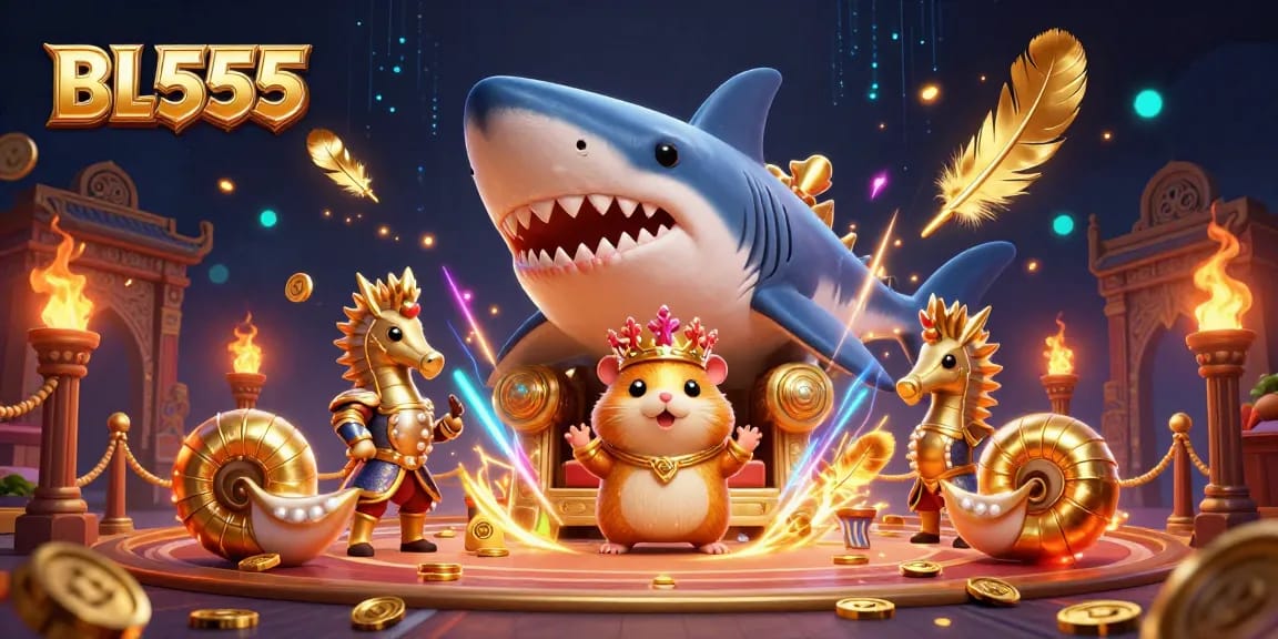 Engage in thrilling gameplay at BL555 with a fierce golden hamster king on a megalodon throne surrounded by vibrant casino elements.