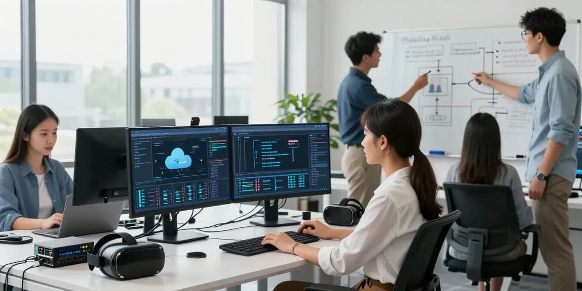 Profesionales de hosting en México colaborando en un ambiente moderno de oficina con tecnología avanzada.