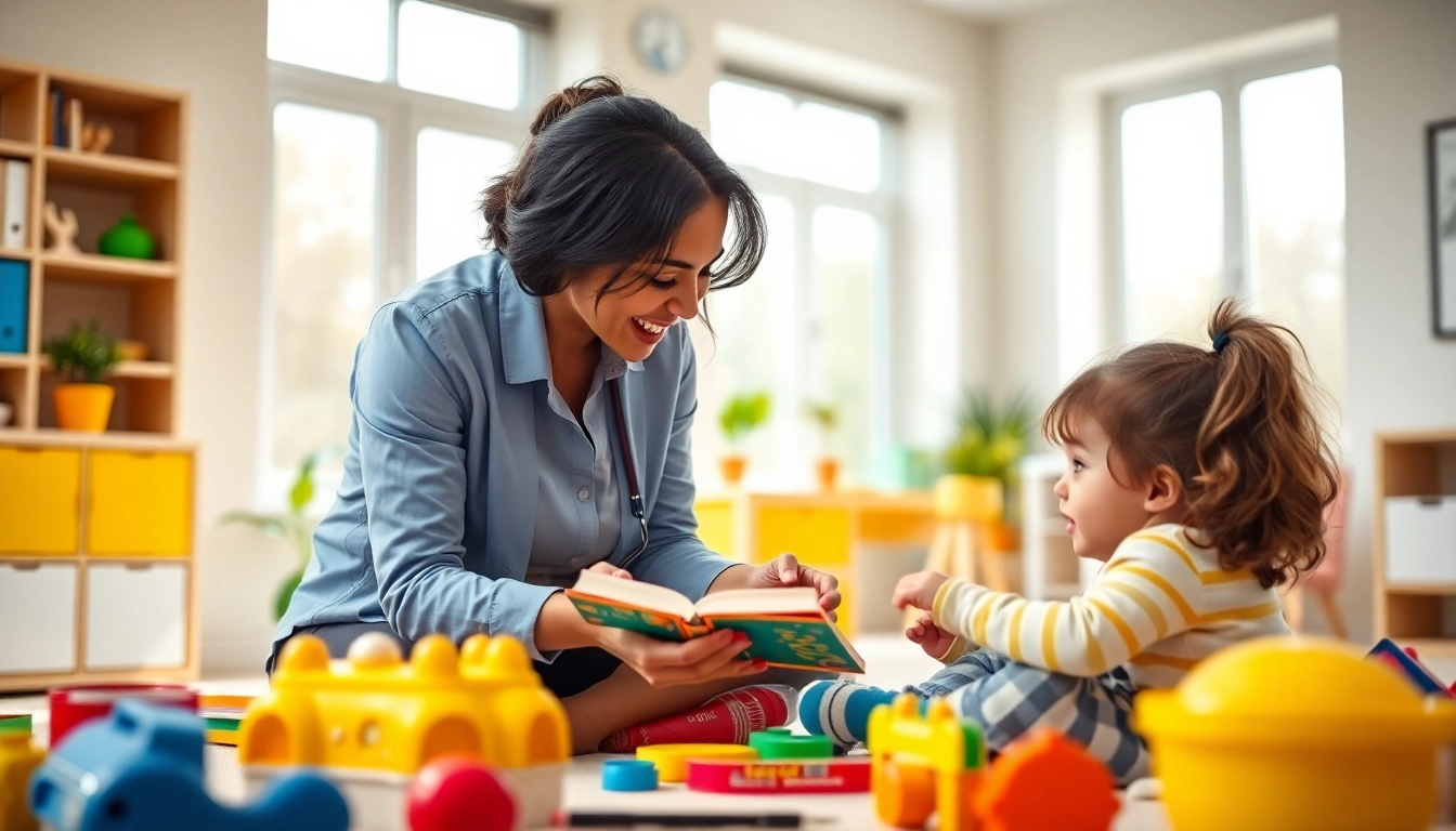 Child receiving Autism help from a therapist in a colorful, welcoming space.