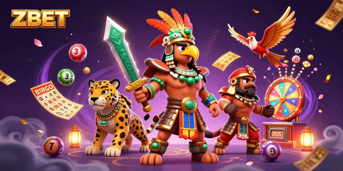 ZBET showcases an Aztec warrior and jaguar amidst a vibrant lottery scene filled with games