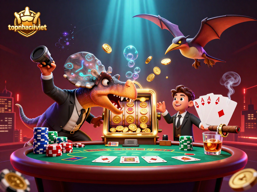 topnhacaiviet's pachycephalosaurus triggers slot machine jackpot amid vibrant casino chaos