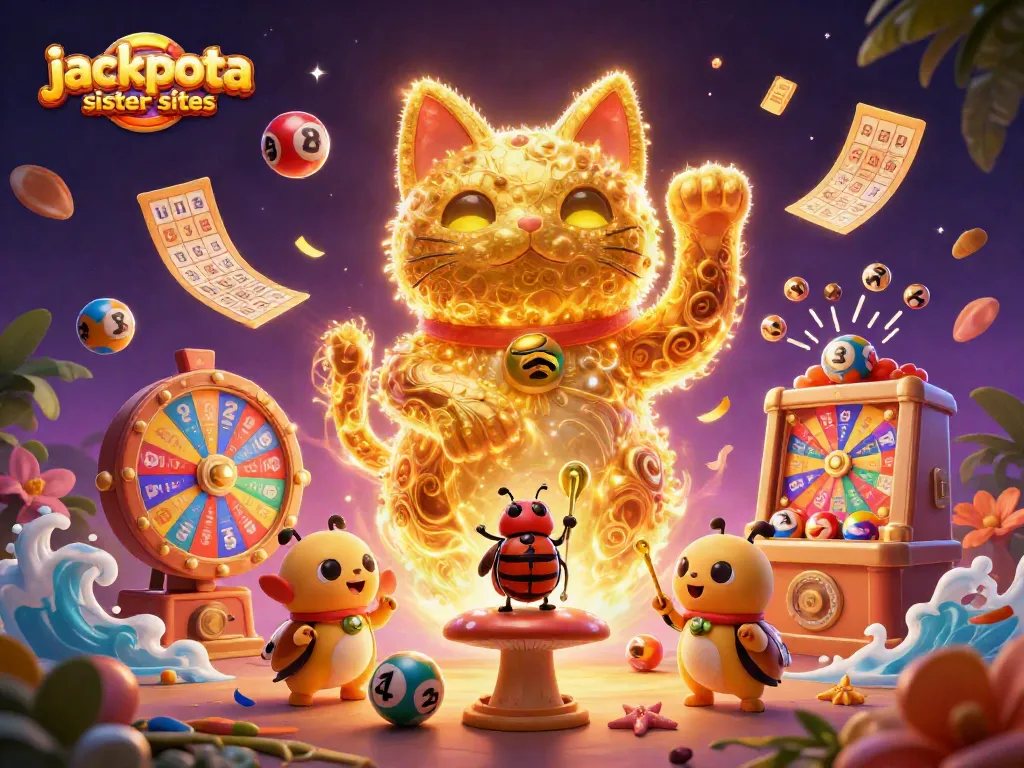 Engage with jackpota sister sites, highlighting vibrant lottery elements and a lucky cat theme in a dynamic casino illustration.