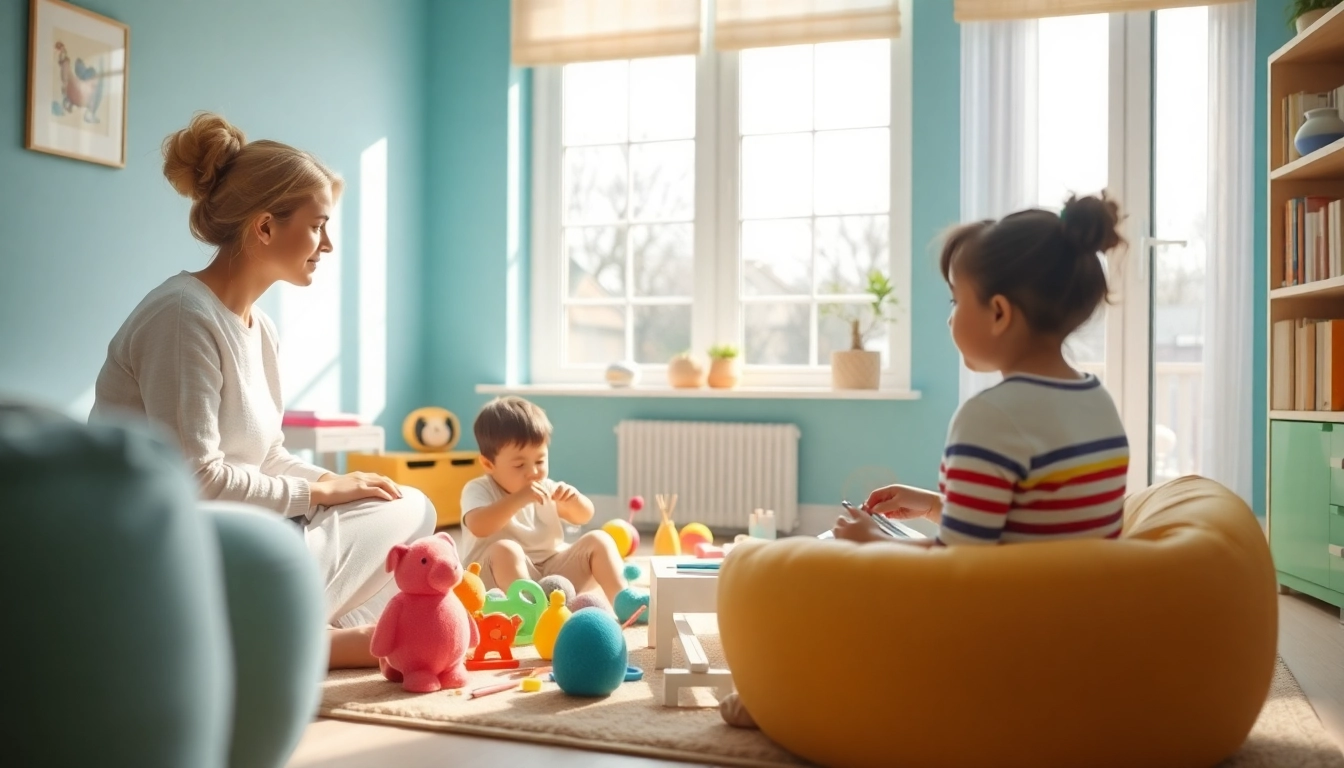 Child engaging in Play Therapy session with toys and a supportive therapist in a bright room.