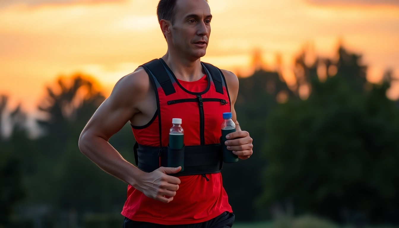 Runner demonstrating a running vest with bottles during twilight run.
