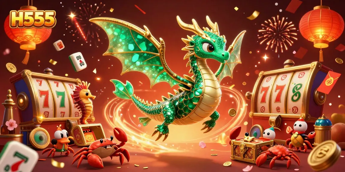 Engage with H555's vibrant gaming universe featuring an emerald sea dragon, slot games, and festive decor.