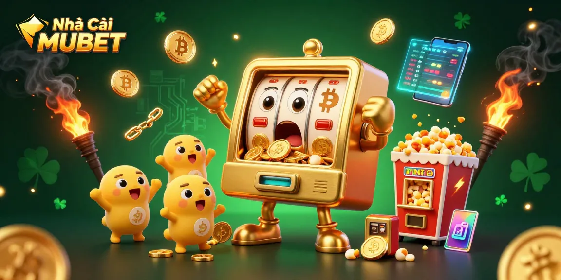 Nhà cái MUBET slot machine wins, overflowing with coins and crypto elements, celebrating its jackpot.