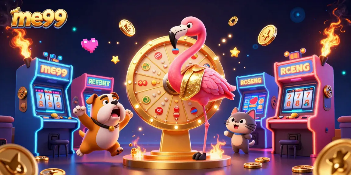 Engage with me99's thrilling slots through a vibrant game show scene featuring colorful prizes and dynamic characters.