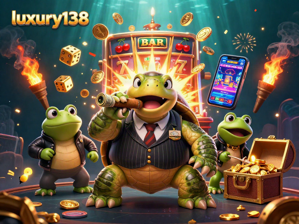 Luxury138 menampilkan penyu kartun besar dengan gaya mafia dan mesin slot jackpot di latar belakang.
