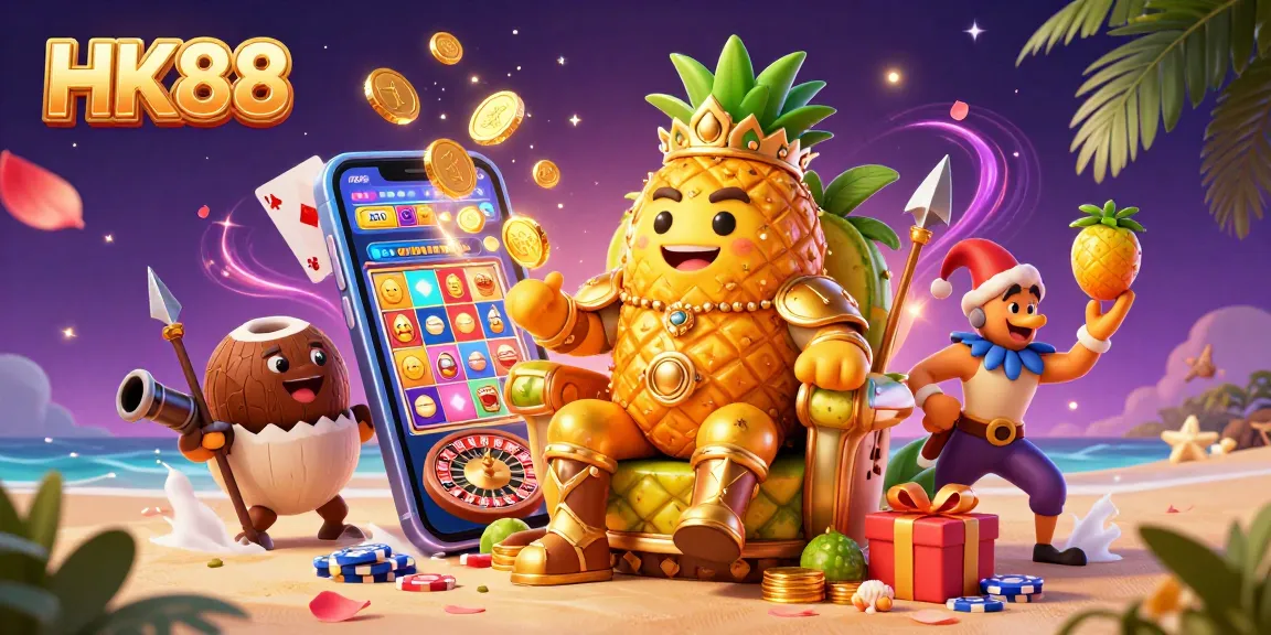 Engage with HK88's thrilling beach casino scene featuring a golden pineapple king and vibrant gambling elements.