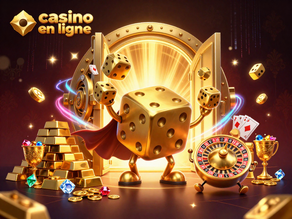 Jouez au casino en ligne avec des dés en or et une ambiance illuminée par des trésors.