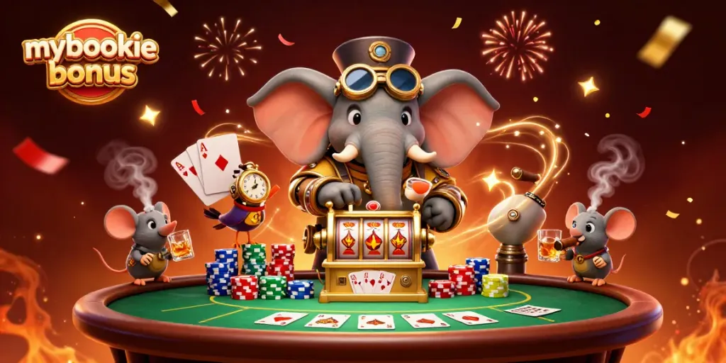 Spinning the mybookie bonus slot machine with a steampunk engineer and vibrant poker elements.