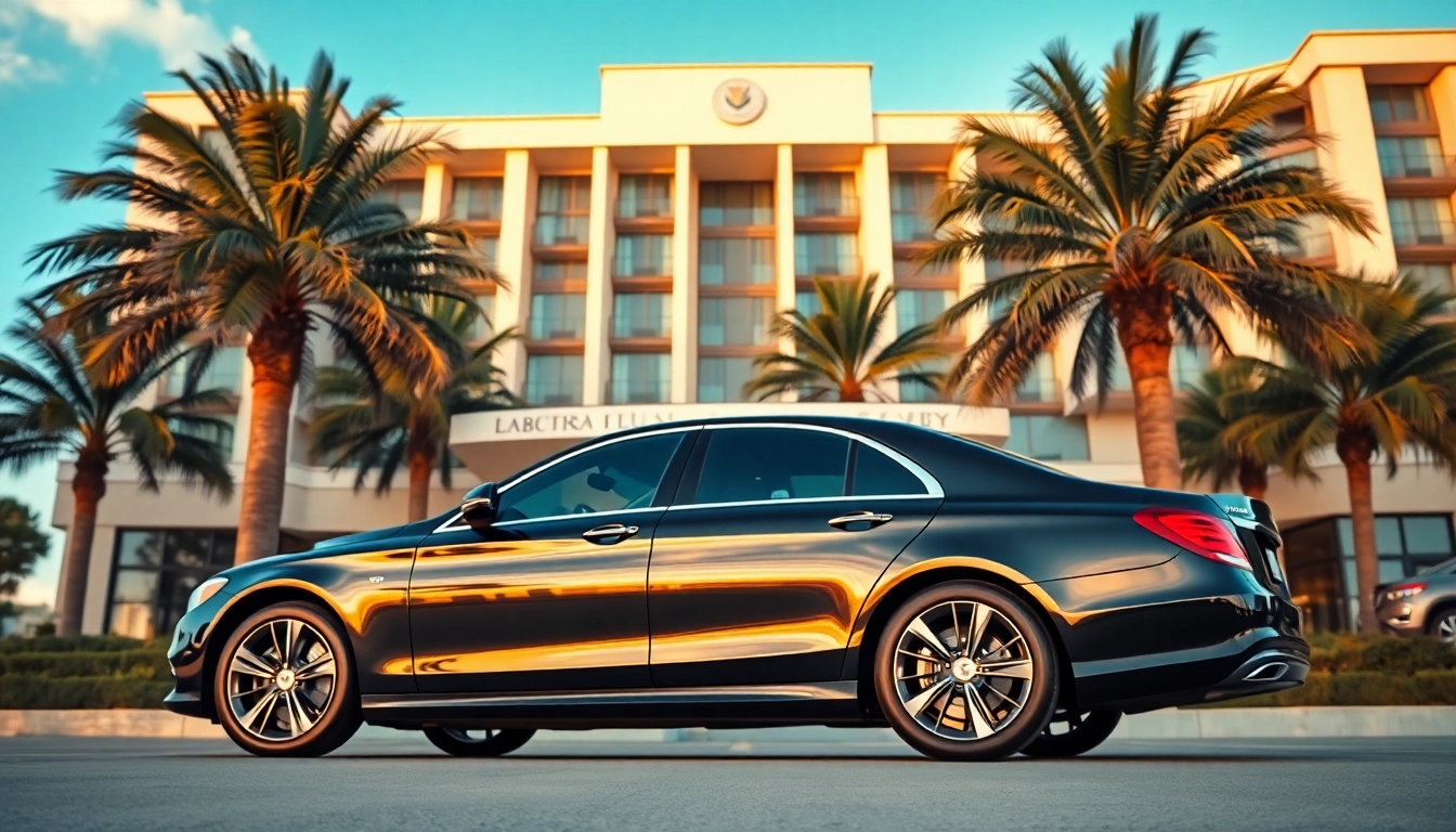 Experience luxury car service with a sleek black sedan in a vibrant hotel setting.