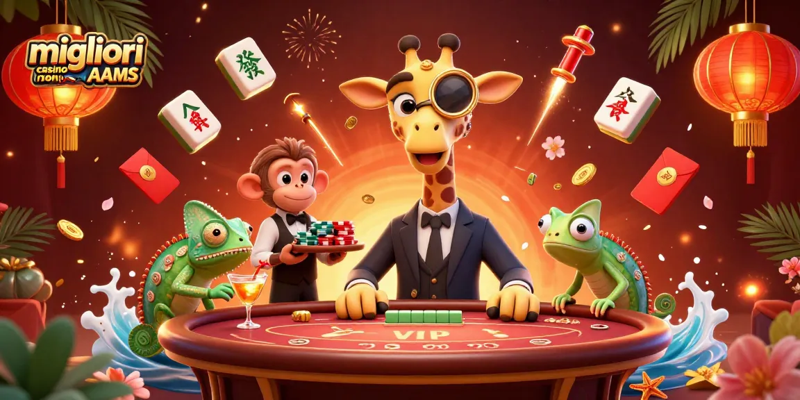 Migliori casino non AAMS: Giraffa elegante gioca a poker, scimmia e camaleonte mixano cocktail.