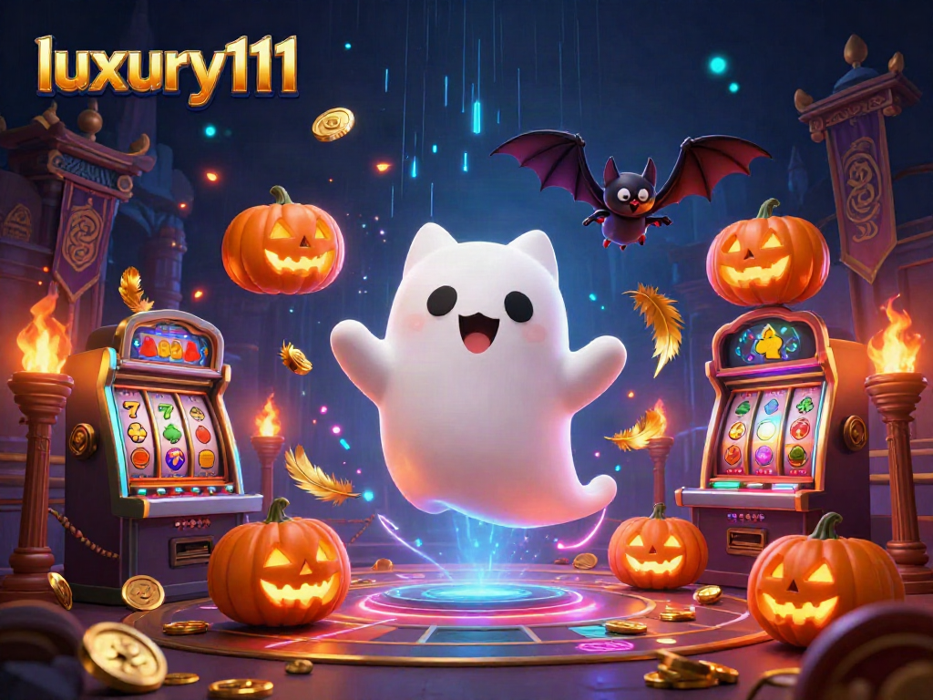 Join luxury111 in a vibrant haunted casino scene with a ghost cat, bat, and glowing jack-o-lanterns.