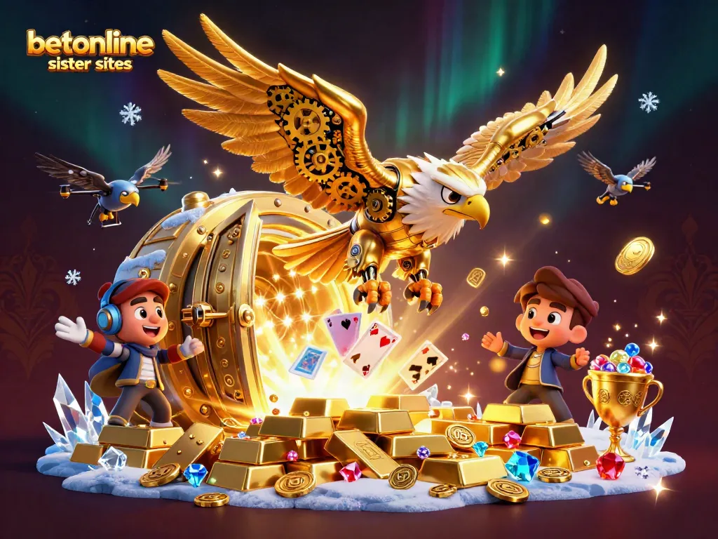 Explore betonline sister sites with a vibrant 3D illustration of a golden eagle diving through cards