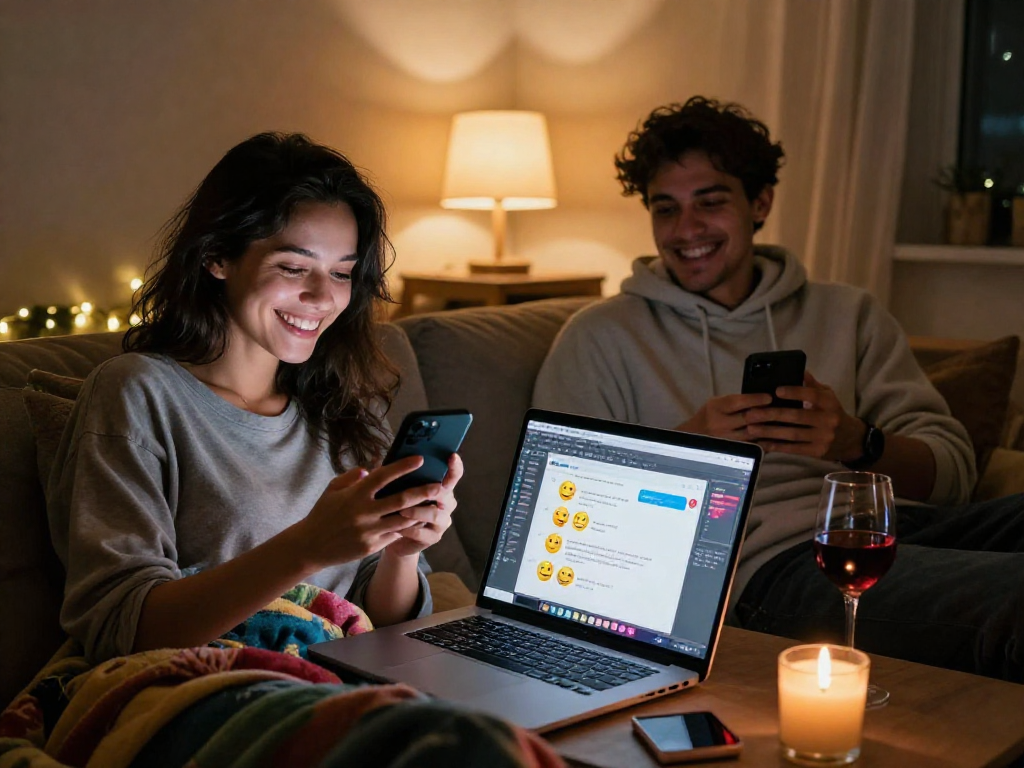 Creative ai sexting interaction between a couple in cozy home settings, highlighting digital romance