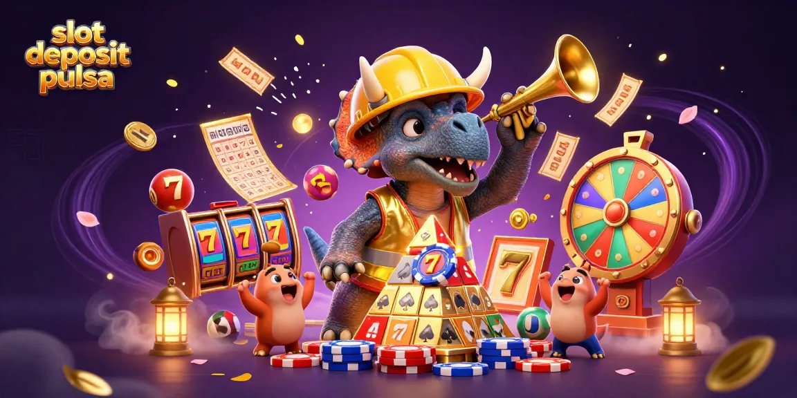 Menangkan slot deposit pulsa dengan kesenangan dalam ilustrasi kasino yang penuh warna dan dinamis.