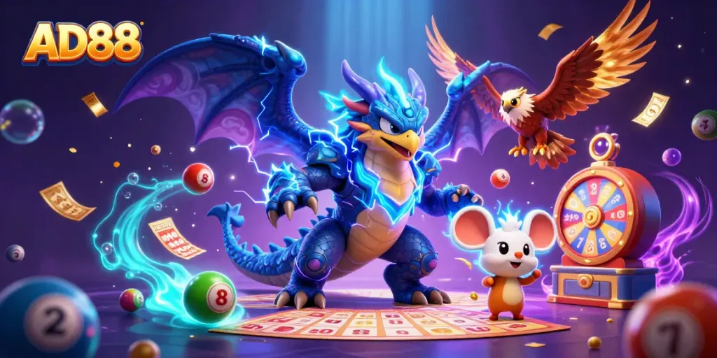 Engage with AD88 lottery excitement featuring vibrant elements and dynamic characters in a thrilling casino scene.