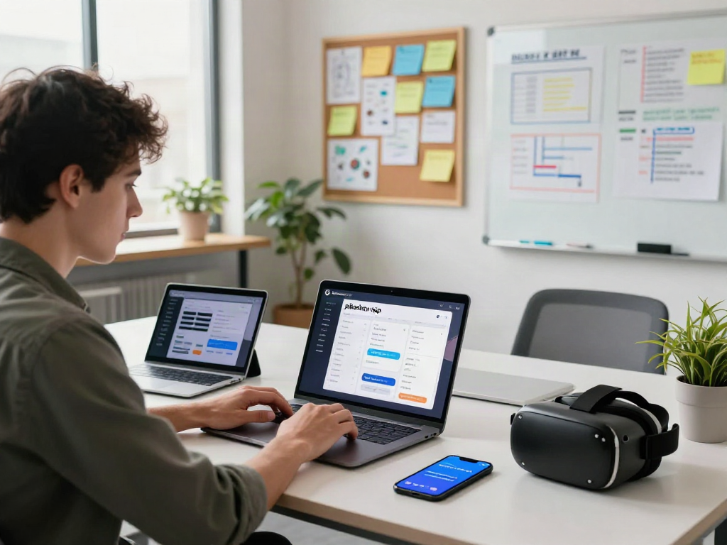 Developer actively working on the pikashow apk app at a modern tech workspace with gadgets and brainstorming notes.
