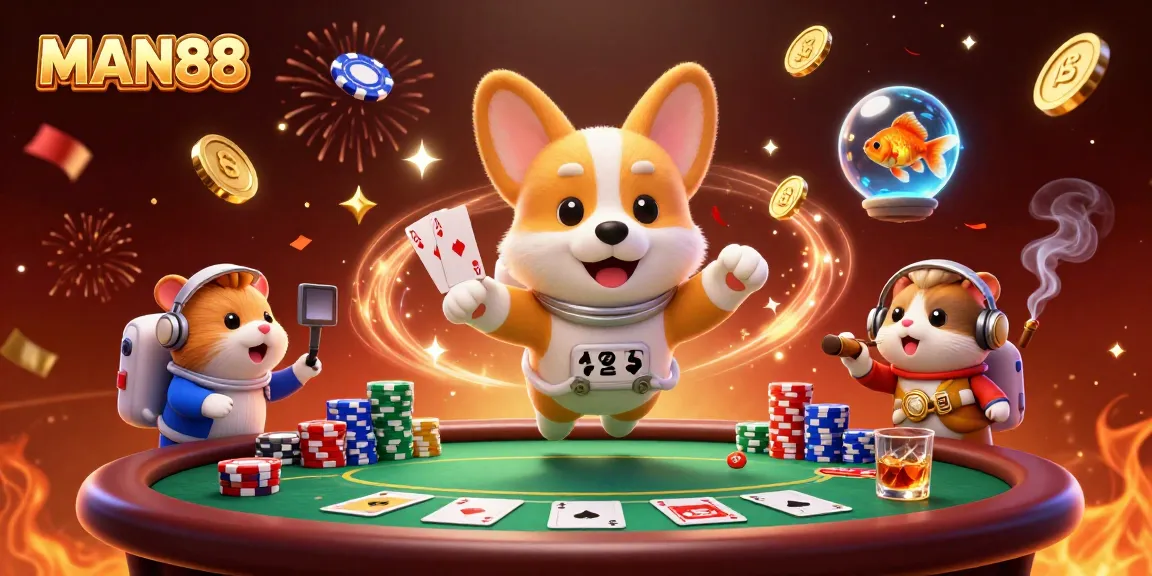 Engage with MAN88's thrilling space casino adventure featuring cartoon characters and floating poker elements.