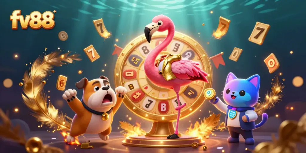 Spin and win with FV88's exciting jackpot, showcasing colorful elements and lively characters.