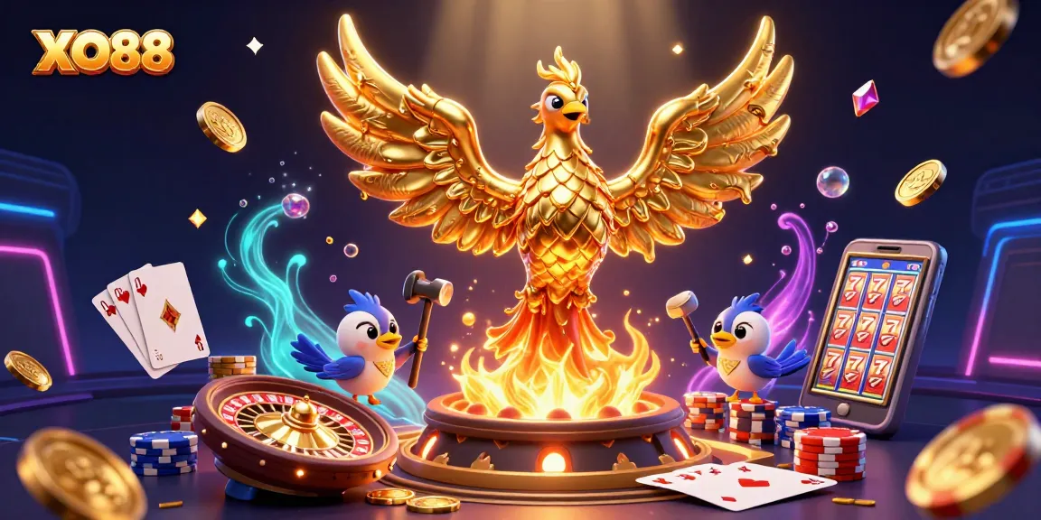 Experience the magic of XO88 with a golden phoenix and dazzling casino elements.