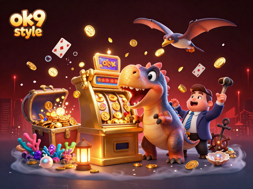 Engaging scene of ok9 style featuring characters from a casino setting, rewarding players with golden coins.