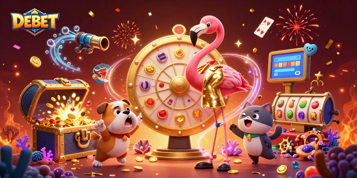 Experience the excitement of DEBET with a vibrant, animated casino-themed scene full of prizes and celebration.