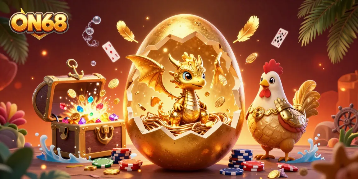 Play in style at ON68 with a golden dragon amidst poker chips and vibrant casino elements.