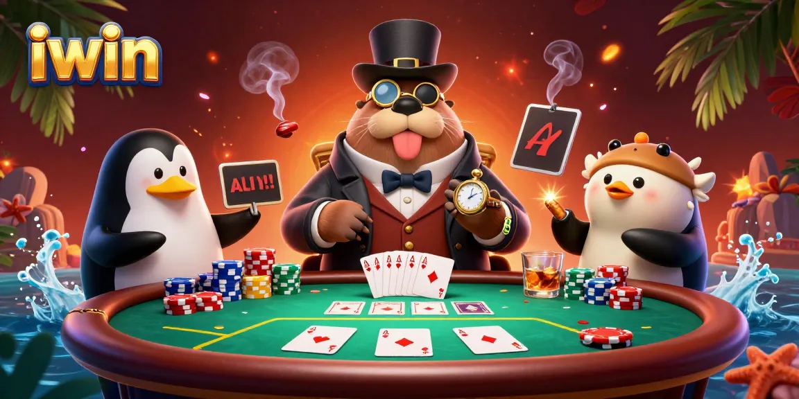Experience excitement with iwin at an underwater poker game featuring a walrus, penguin dealer, and a bluffing pufferfish.
