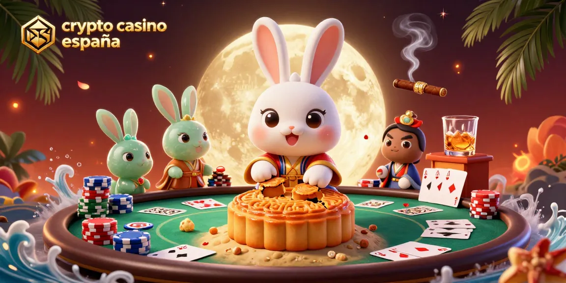 Una escena vibrante en un casino cripto España con un conejo de luna y fichas de póker dentro de pasteles