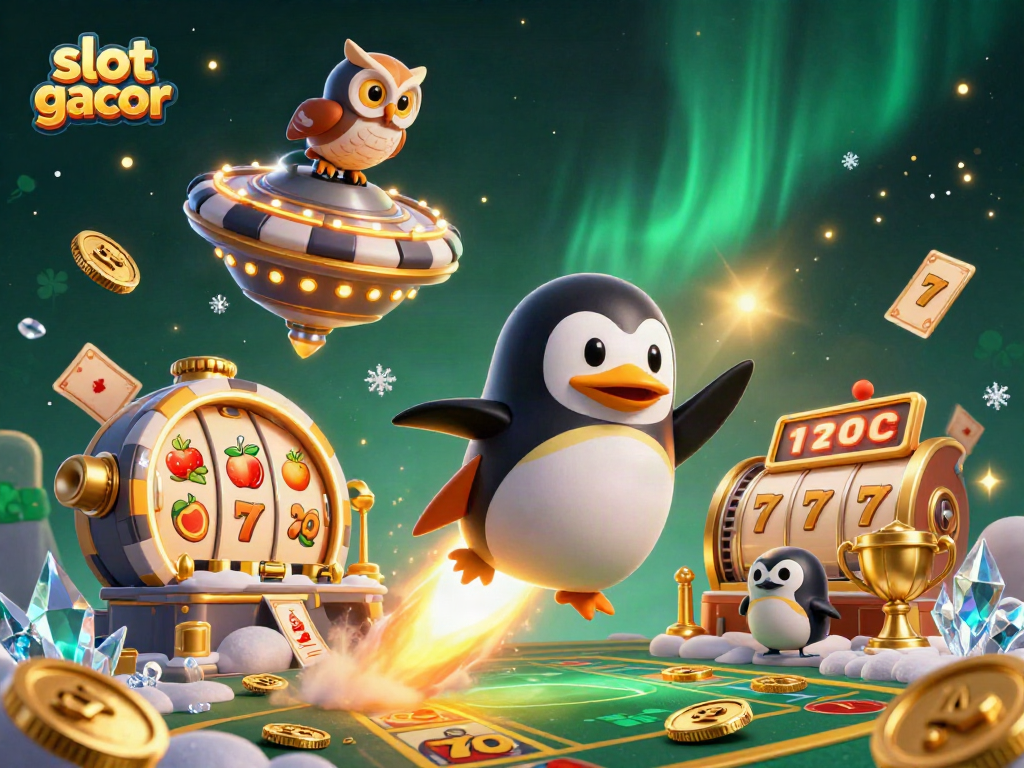 Experience the excitement of slot gacor as a golden penguin zooms to a casino space station amid slot reels.