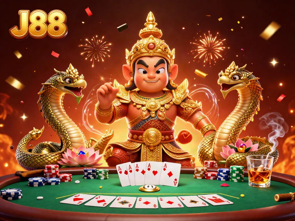 J88 poker scene featuring a temple guardian and Naga serpents amidst lively gameplay.
