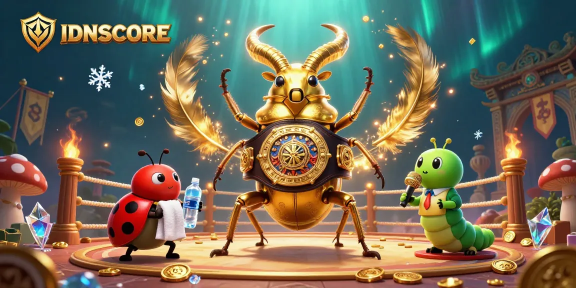 IDNSCORE showcases a giant beetle in a boxing belt amidst vivid casino elements and dynamic action.
