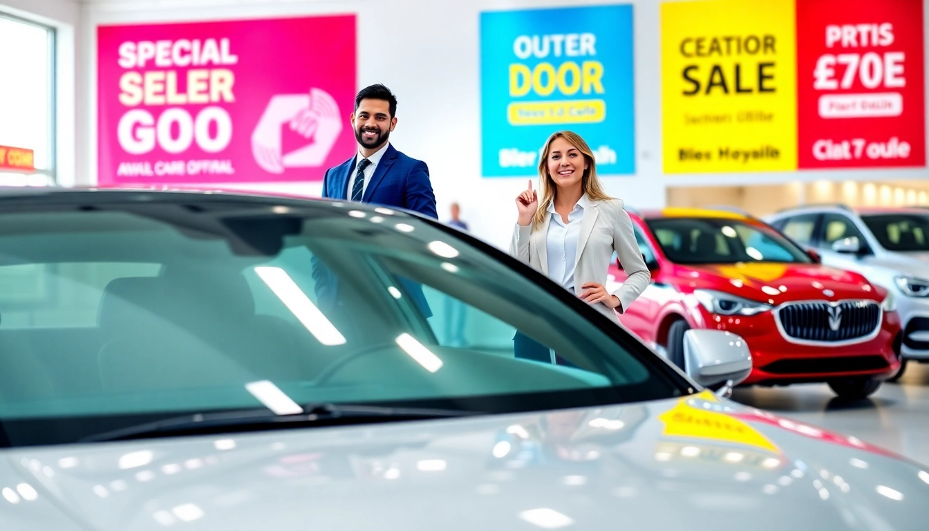 Buy New Car with a delighted couple at a vibrant dealership showcasing excitement.