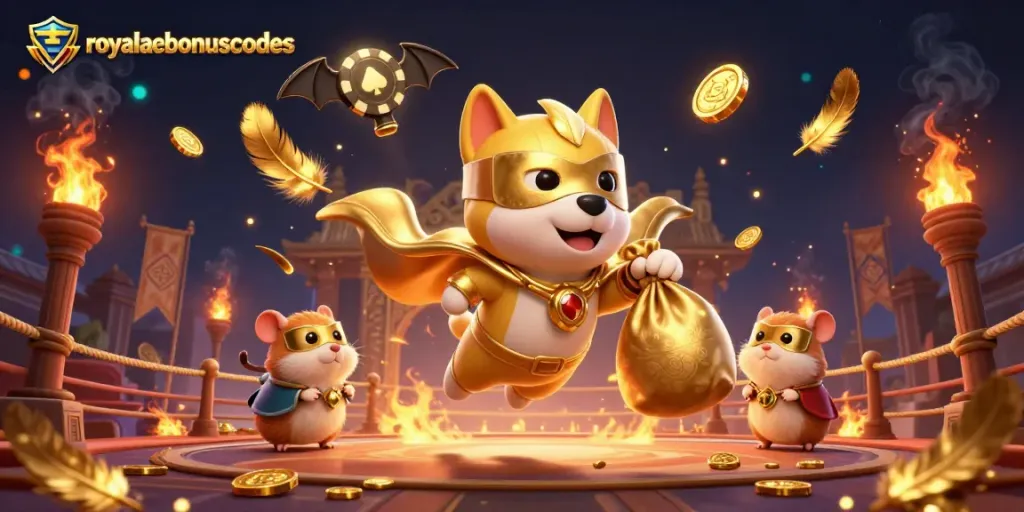 Engage with royalacebonuscodes featuring a superhero dog delivering gold coins in a casino-themed 3D scene.