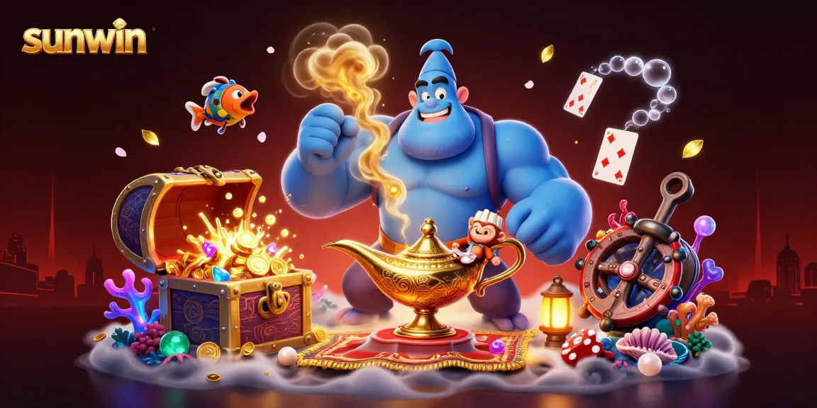 Sunwin brings excitement with a vibrant 3D casino illustration featuring a genie and poker chips.
