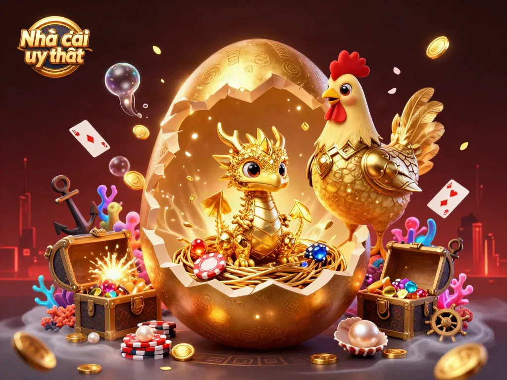 Engage with Nhà cái uy tín through an enchanting casino scene with golden treasures and lively characters.