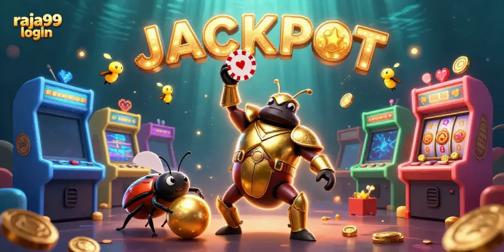 Experience raja99 login with a victorious beetle hero among vibrant slot machine elements in a 3D casino scene.