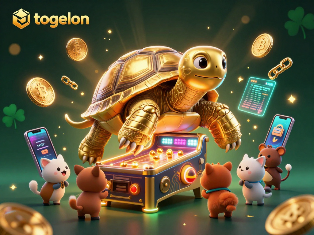 Togelon live draw betting features a colossal tortoise pinball machine surrounded by crypto elements.