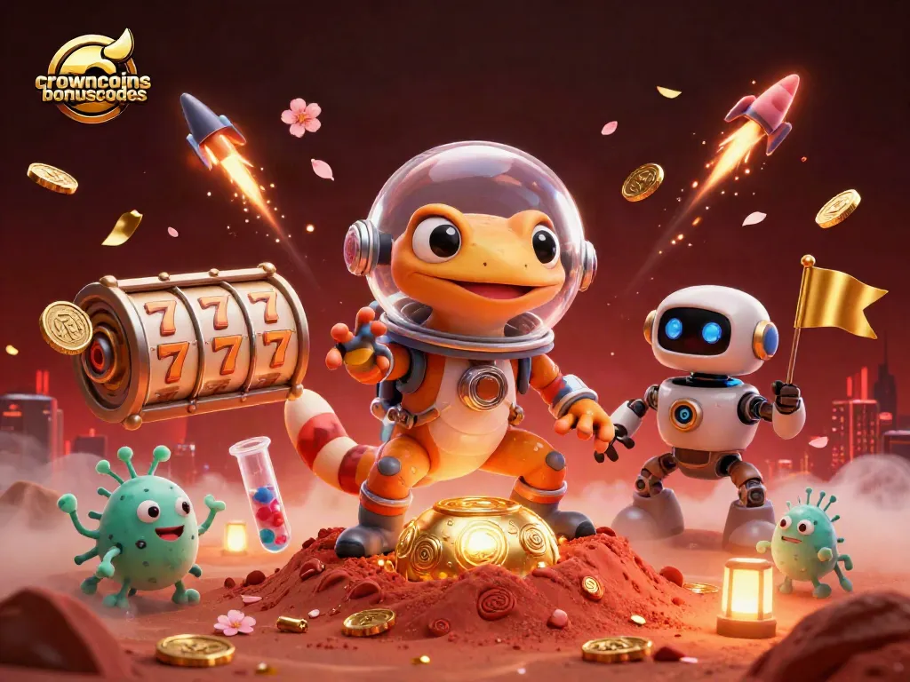 Spin and win with crowncoinsbonuscodes at a vibrant 3D casino scene on Mars.