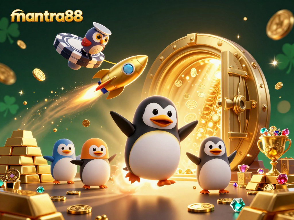 Experience excitement at mantra88 with a golden penguin leading a vibrant casino journey filled with treasures.
